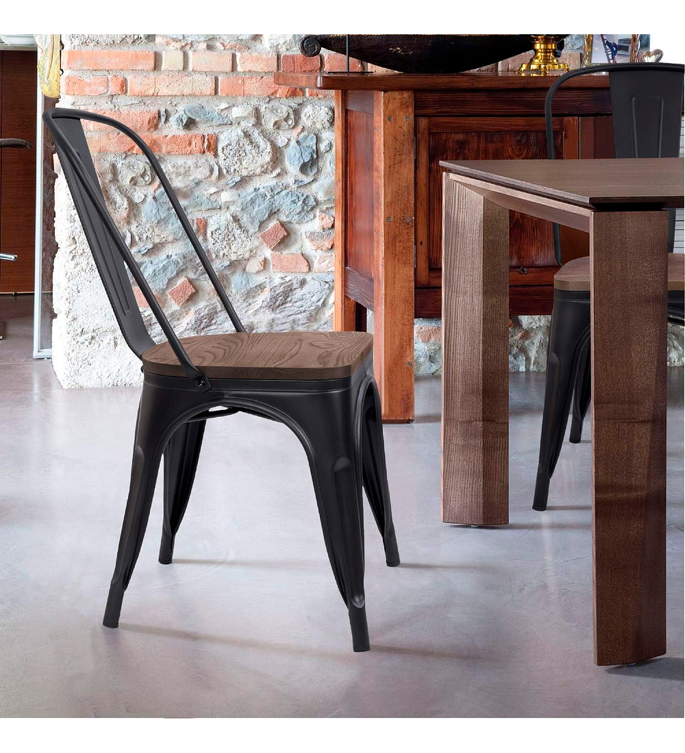 Pack 4 Sillas Tolix Negra con asiento madera oscura