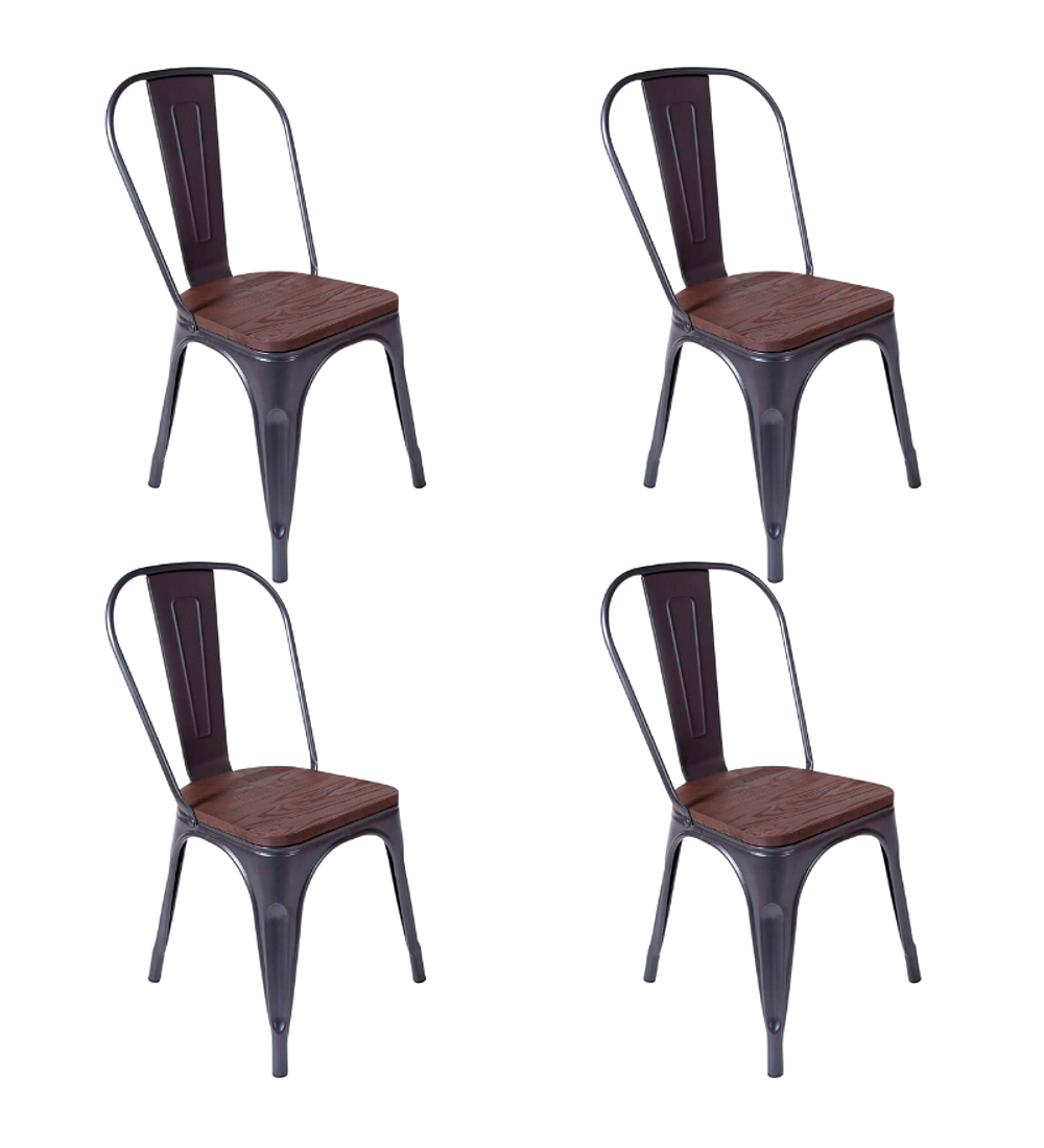 Pack 4 Sillas Tolix Negra con asiento madera oscura