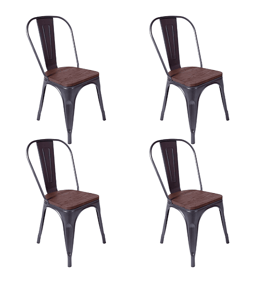 Pack 4 Sillas Tolix Negra con asiento madera oscura