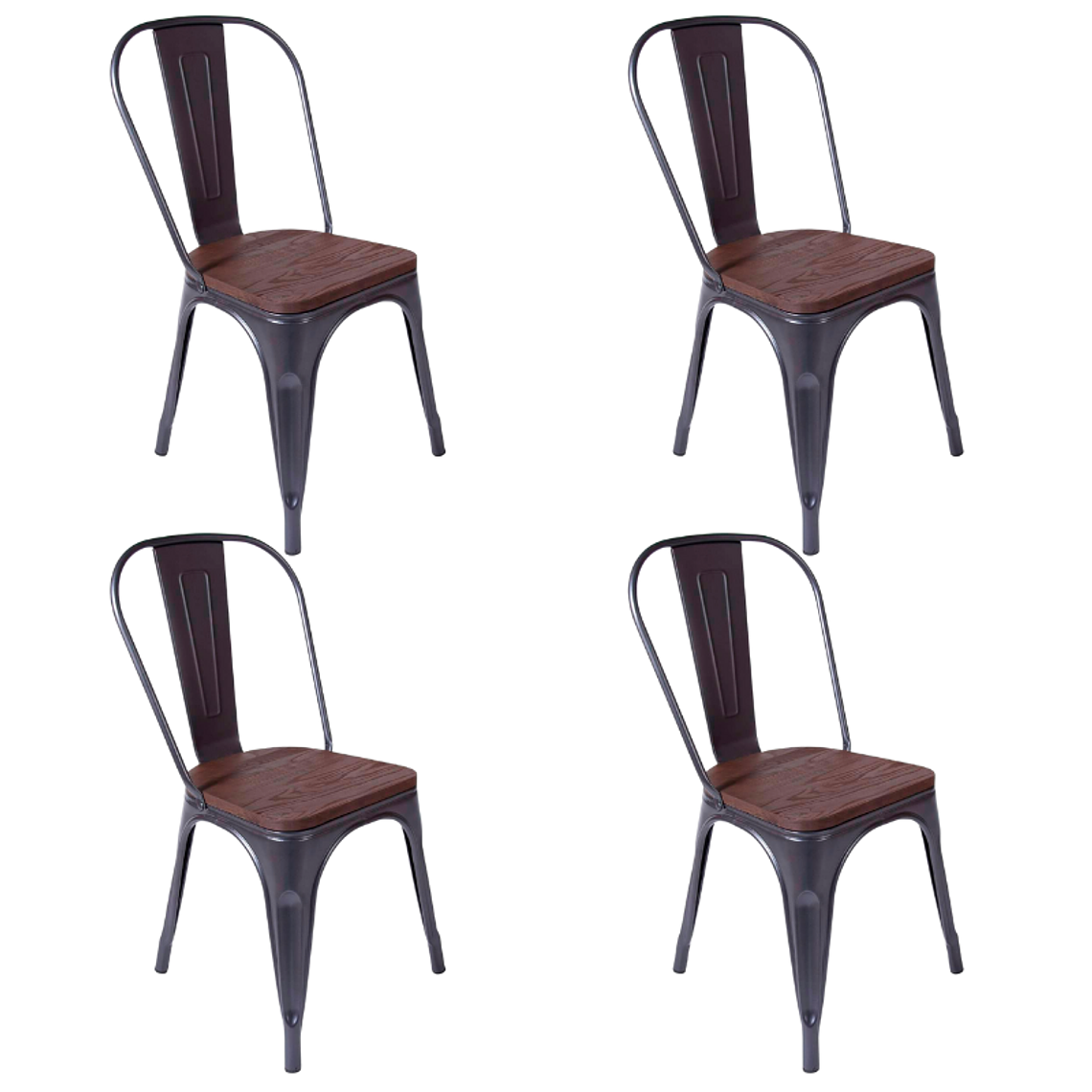 Pack 4 Sillas Tolix Negra con asiento madera oscura 1