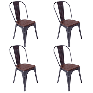 Pack 4 Sillas Tolix Negra con asiento madera oscura