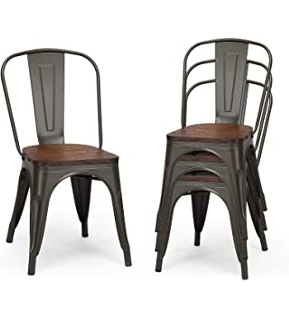 Pack 6 Sillas Tolix Negra con asiento madera oscura