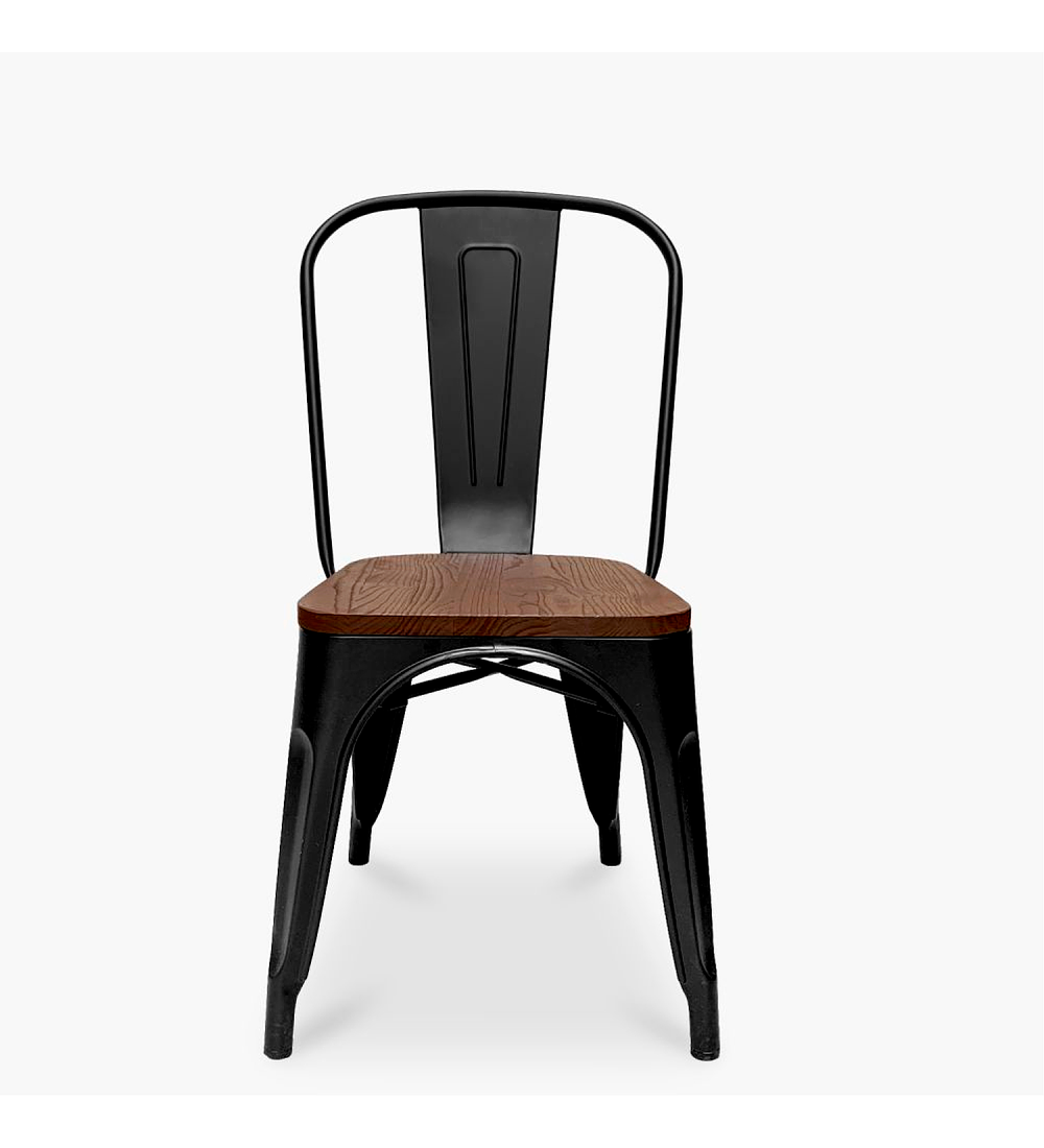 Pack 6 Sillas Tolix Negra con asiento madera oscura