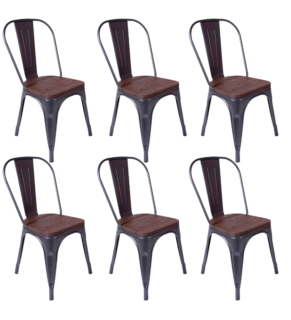 Pack 6 Sillas Tolix Negra con asiento madera oscura
