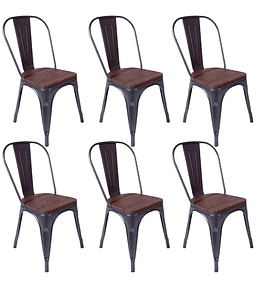 Pack 6 Sillas Tolix Negra con asiento madera oscura