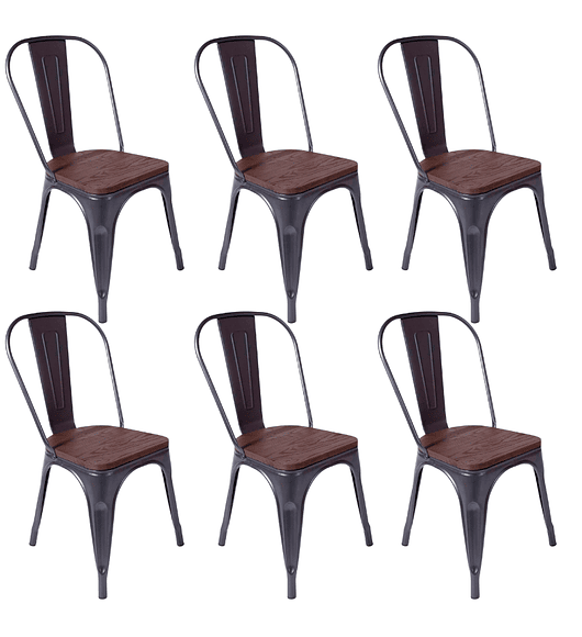 Pack 6 Sillas Tolix Negra con asiento madera oscura