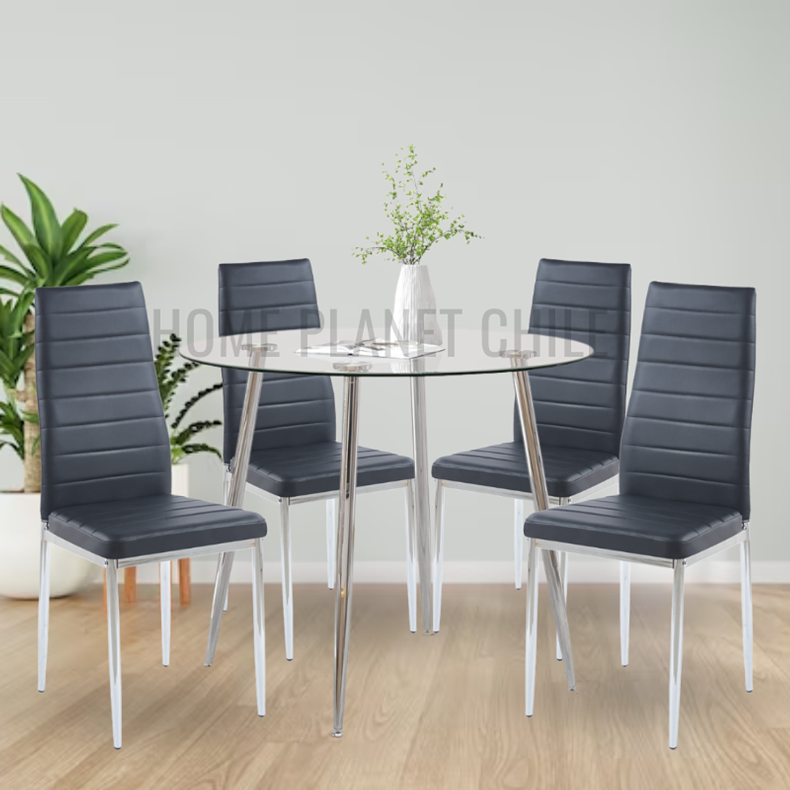 Comedor Massachusetts Silver redondo vidrio 100 cm con 4 Sillas Dining Silver 1