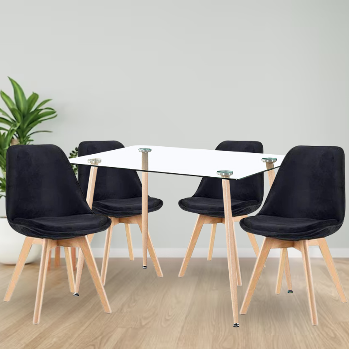 Comedor Nairobi rectangular vidrio 120x80 cm con 4 Sillas Tulip Velvet 1