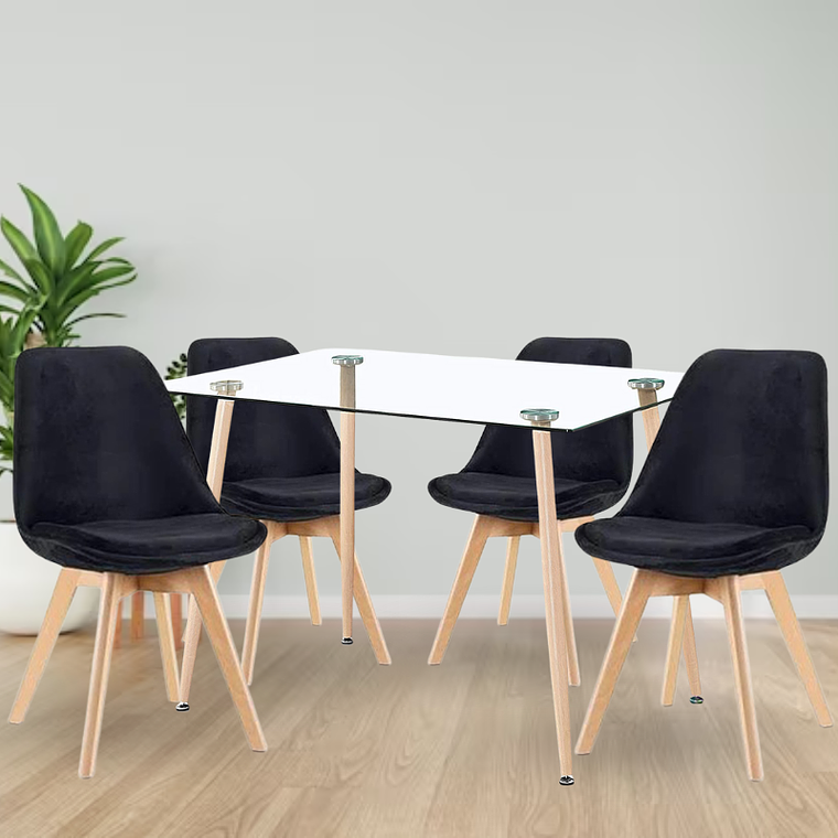 Comedor Nairobi rectangular vidrio 120x80 cm con 4 Sillas Tulip Velvet 1