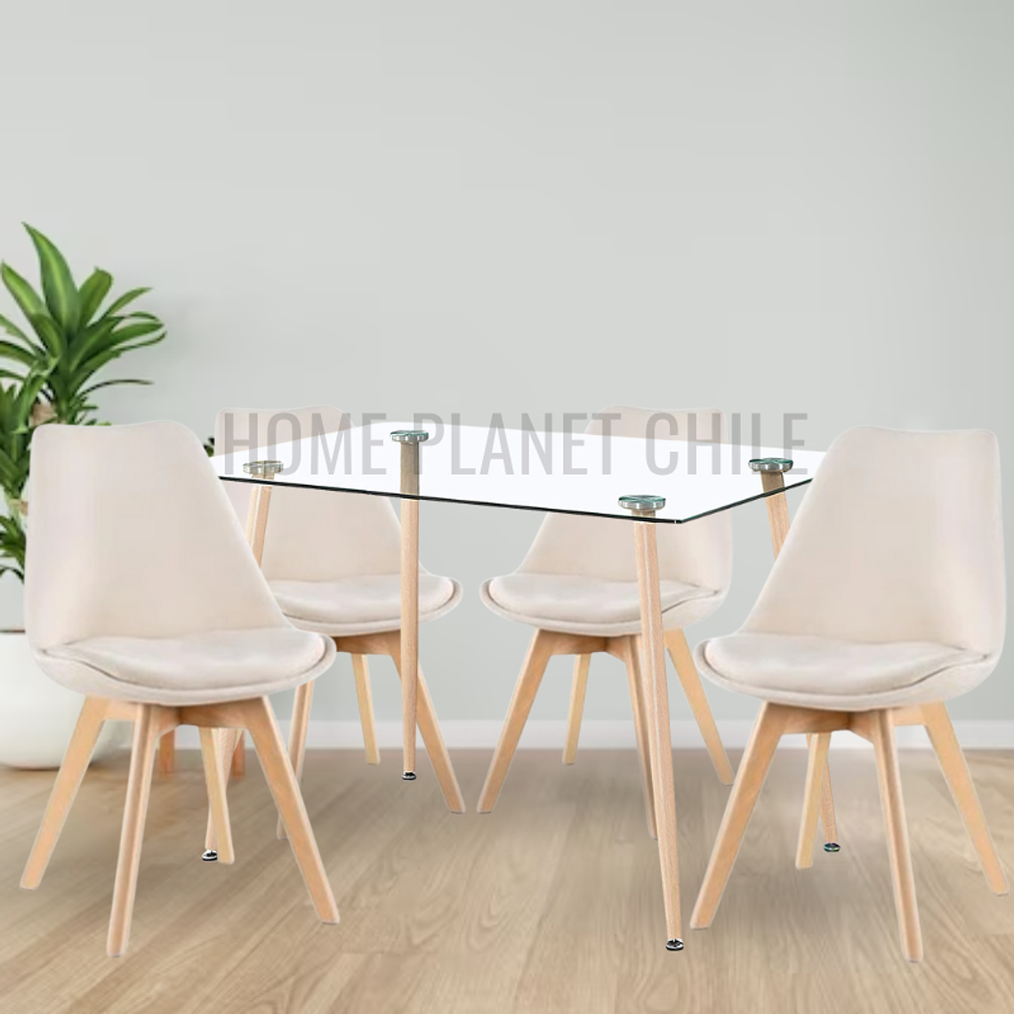Comedor Nairobi rectangular vidrio 120x80 cm con 4 Sillas Tulip Velvet 3