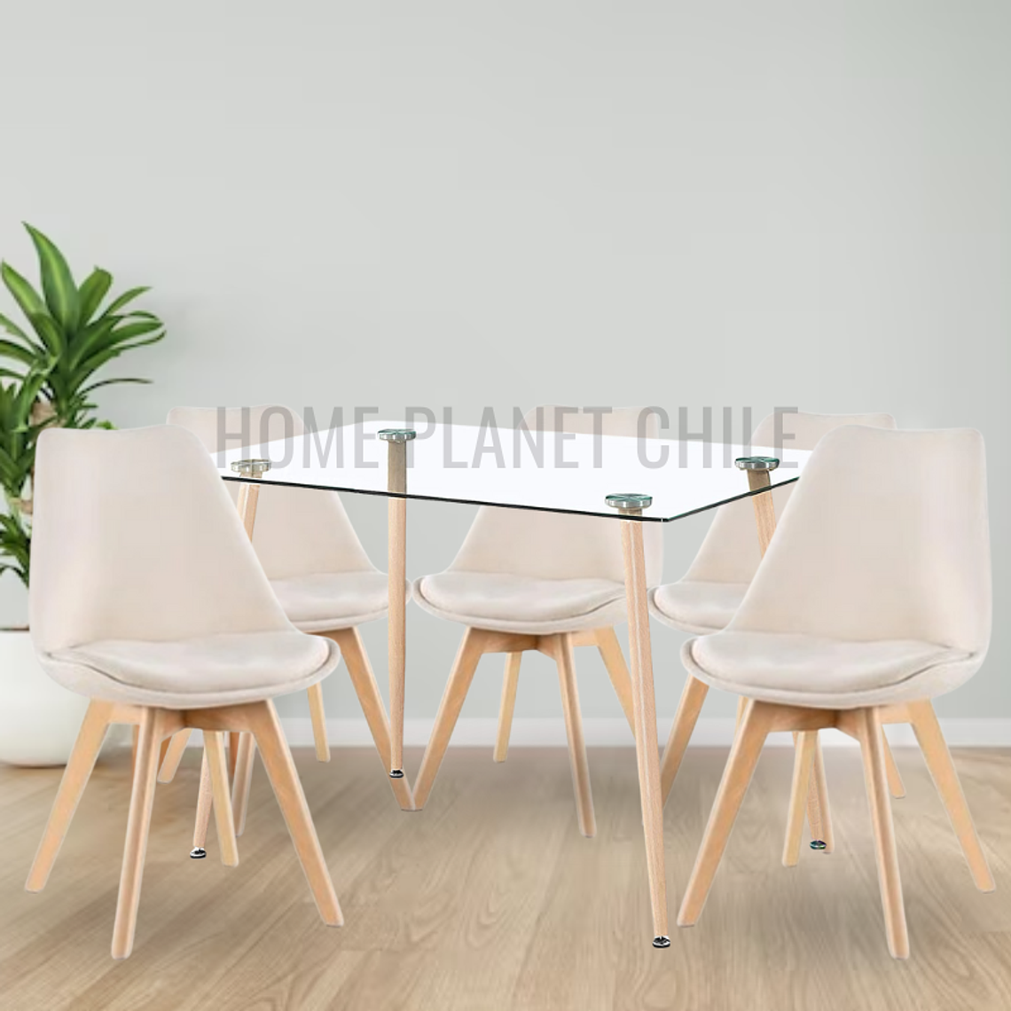 Comedor Nairobi rectangular vidrio 120x80 cm con 6 Sillas Tulip Velvet 1