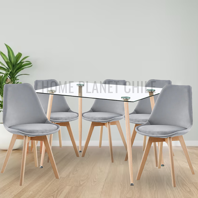 Comedor Nairobi rectangular vidrio 120x80 cm con 6 Sillas Tulip Velvet 3
