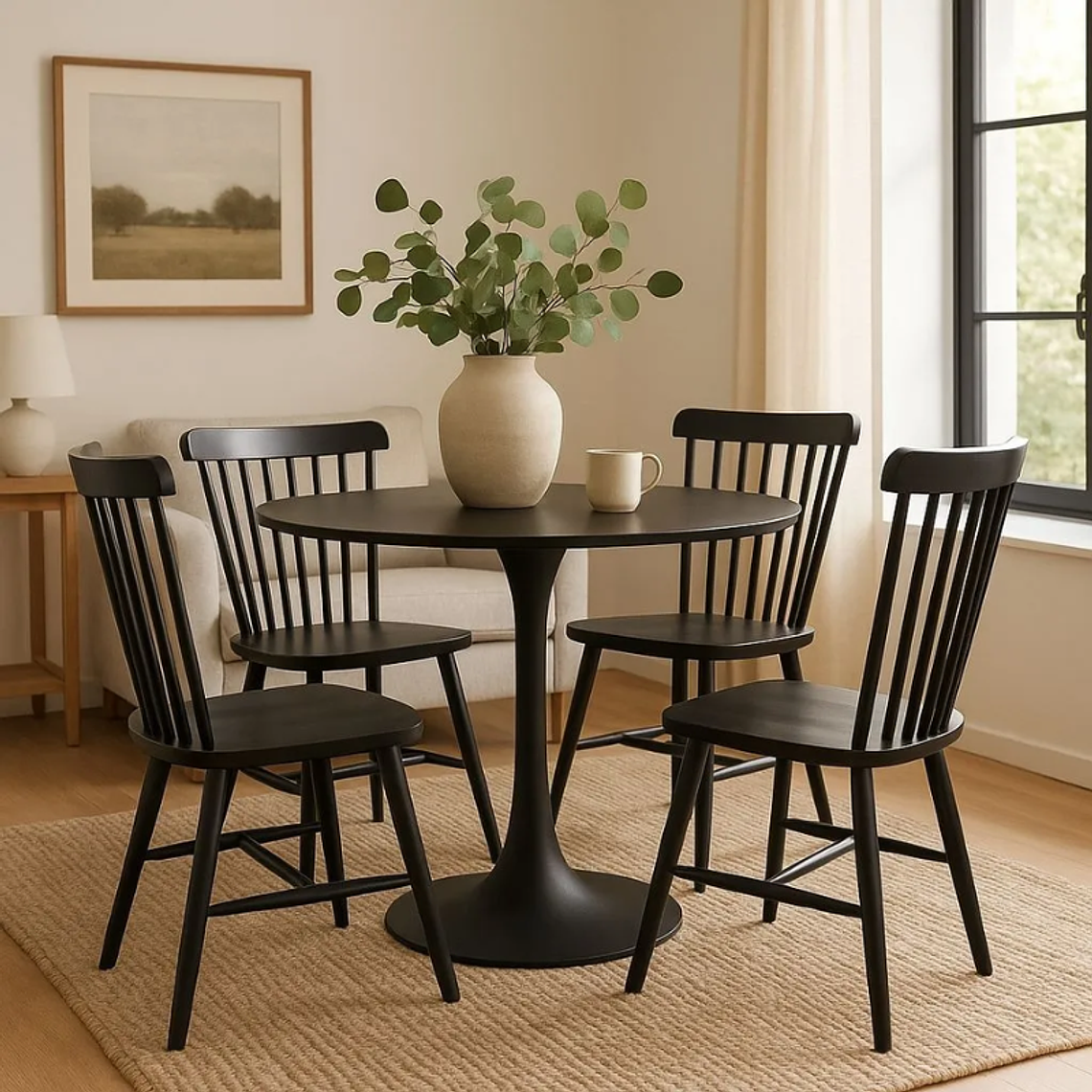 Comedor Anaco redondo negro 80 cm con 4 Sillas Windsor 1