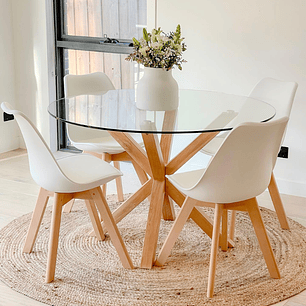 Comedor Jena redondo vidrio 120 cm con 4 Sillas Tulip