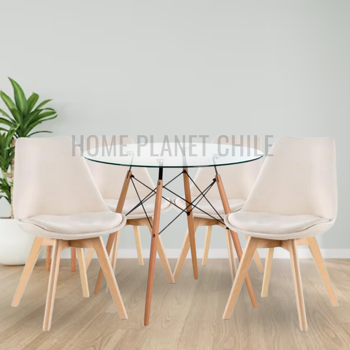 Comedor Valera redondo vidrio 80 cm con 4 Sillas Tulip Velvet 1