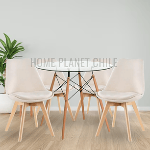 Comedor Valera redondo vidrio 80 cm con 4 Sillas Tulip Velvet