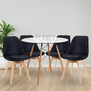 Comedor Valera redondo vidrio 100 cm con 4 Sillas Tulip Velvet