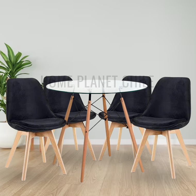Comedor Valera redondo vidrio 100 cm con 4 Sillas Tulip Velvet 1