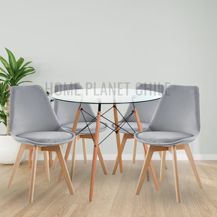 Comedor Valera redondo vidrio 120 cm con 4 Sillas Tulip Velvet 1