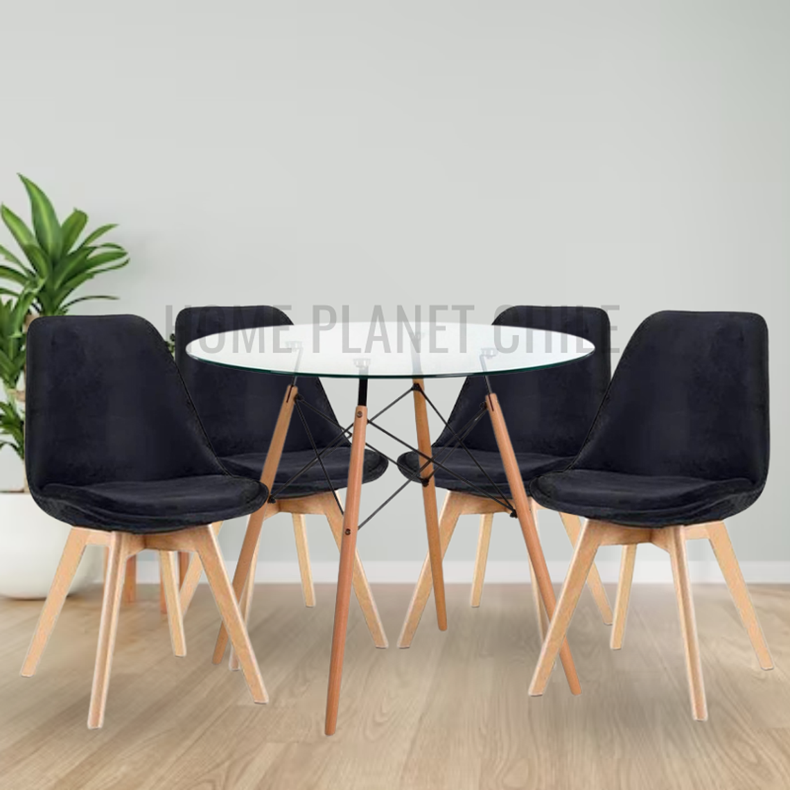 Comedor Valera redondo vidrio 120 cm con 4 Sillas Tulip Velvet 2