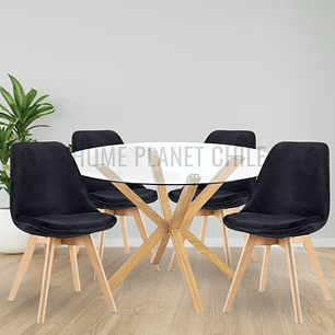 Comedor Quibor redondo vidrio 100 cm con 4 Sillas Tulip Velvet