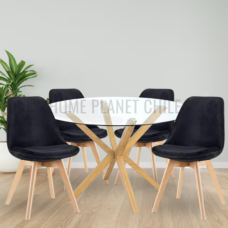 Comedor Quibor redondo vidrio 100 cm con 4 Sillas Tulip Velvet 1
