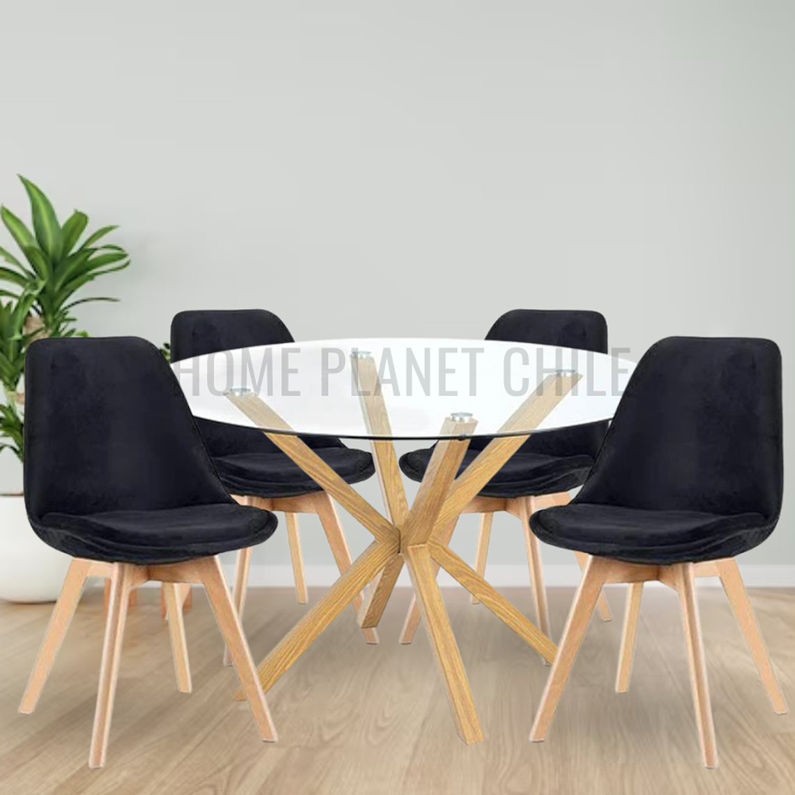 Comedor Quibor redondo vidrio 120 cm con 4 Sillas Tulip Velvet 2