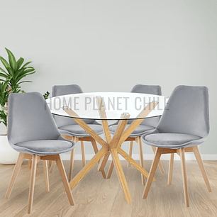 Comedor Quibor redondo vidrio 120 cm con 4 Sillas Tulip Velvet