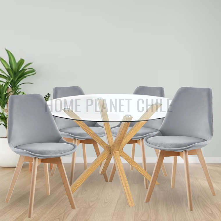 Comedor Quibor redondo vidrio 120 cm con 4 Sillas Tulip Velvet 1