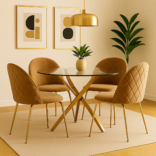 Comedor Gold redondo vidrio 100 cm con 4 Sillas Breda Gold Velvet