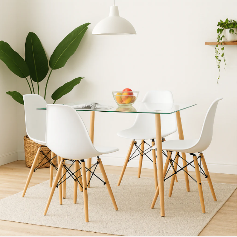 Comedor Oslo rectangular vidrio 120x80 cm con 4 Sillas eames 1