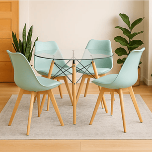 Comedor América redondo vidrio 100 cm y 4 Sillas Tulip