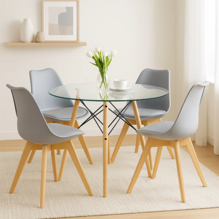 Comedor América redondo vidrio 80 cm y 4 Sillas Tulip 1