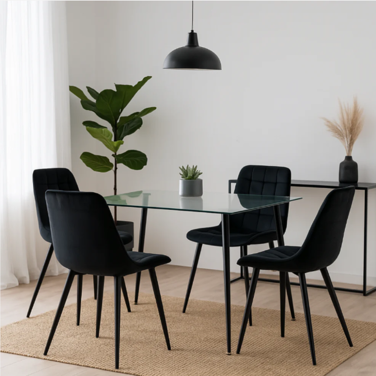 Comedor Pampatar rectangular vidrio 130x80 cm con 4 Sillas Capitone Black terciopelo negra  1