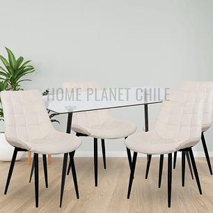 Comedor Pampatar rectangular vidrio 130x80 cm con 4 Sillas Capitone Black terciopelo negra 
