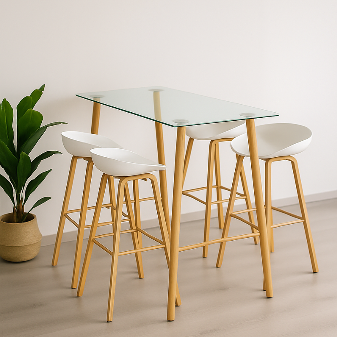 Comedor Patagonia Mesa Bar Alta vidrio 120x60 cm con 4 Taburetes Nordicos 1
