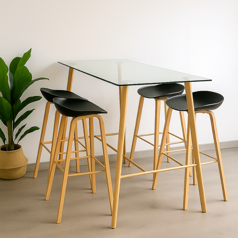 Comedor Patagonia Mesa Bar Alta vidrio 120x60 cm con 4 Taburetes Nordicos 2