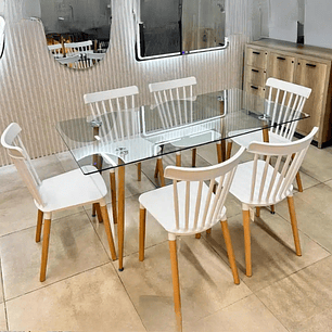 Comedor Valencia rectangular vidro 160x90 cm con 6 Sillas Windsor