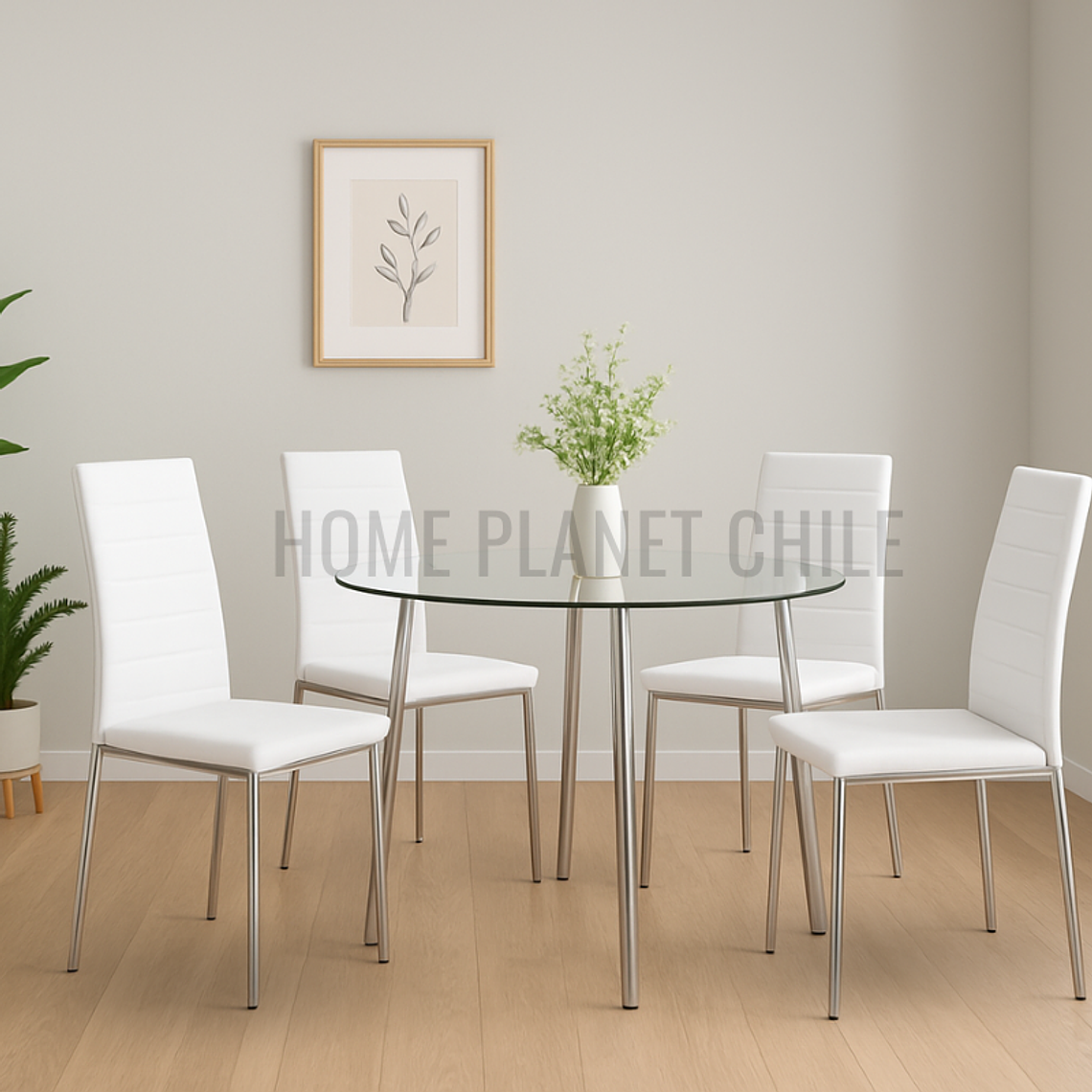Comedor Massachusetts Silver redondo vidrio 120 cm con 4 Sillas Dining Silver 1