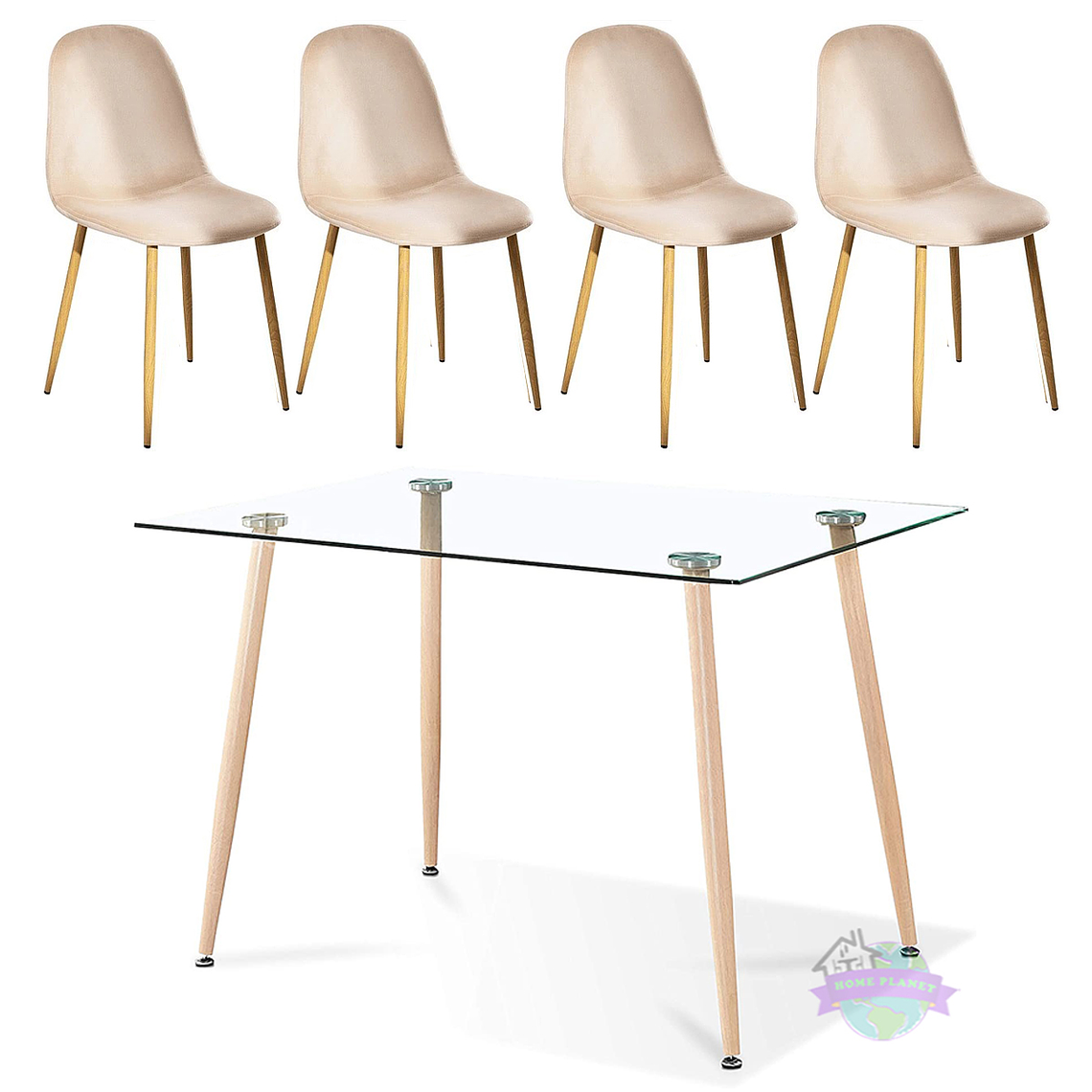 Comedor Nordic rectangular vidrio 130x80 cm con 4 Sillas Spoon Terciopelo 2