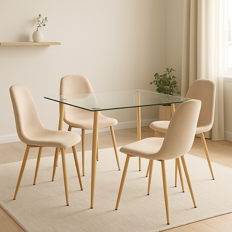 Comedor Nordic rectangular vidrio 130x80 cm con 4 Sillas Spoon Terciopelo 1