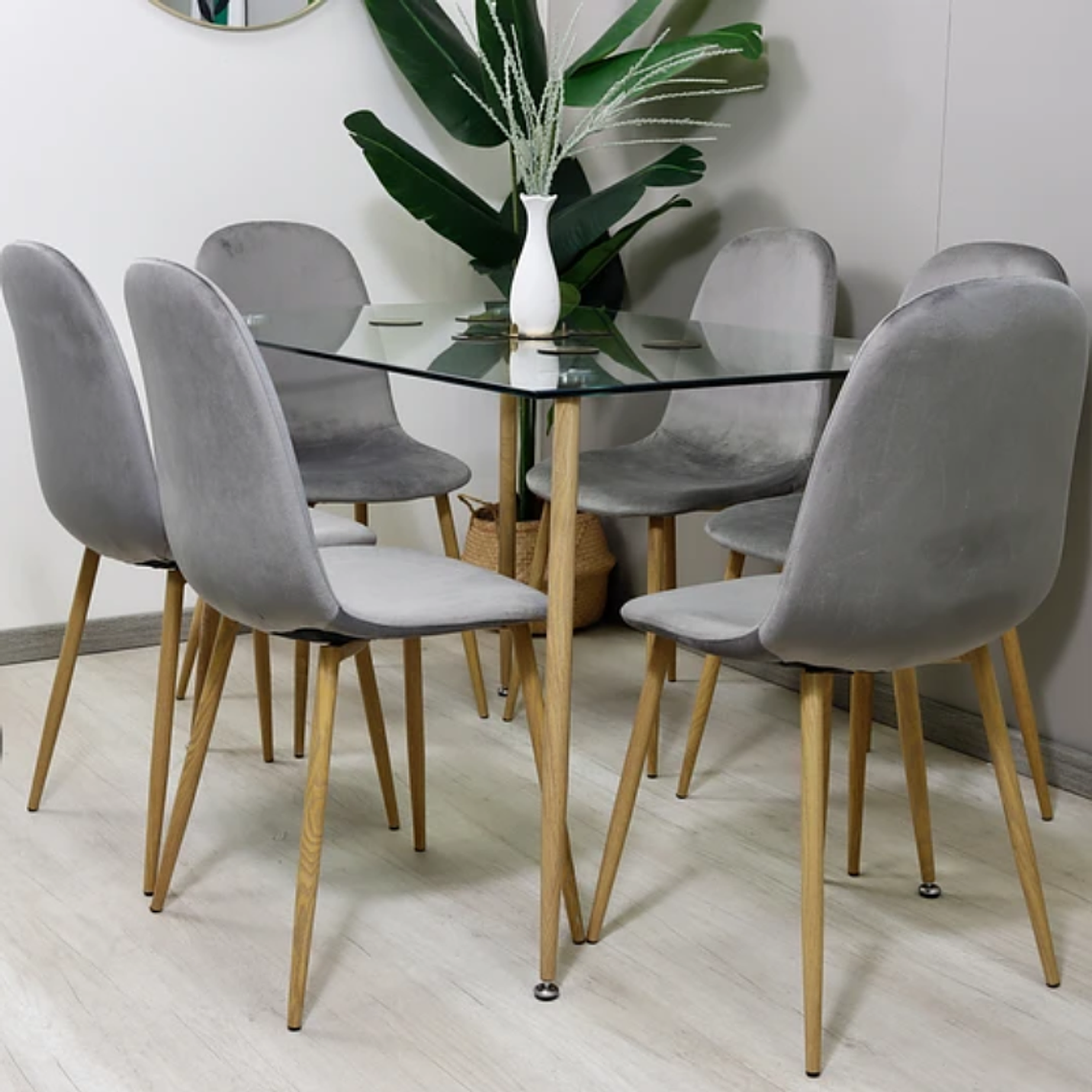 Comedor Nordic rectangular vidrio 130x80 cm con 6 Sillas Spoon terciopelo 2
