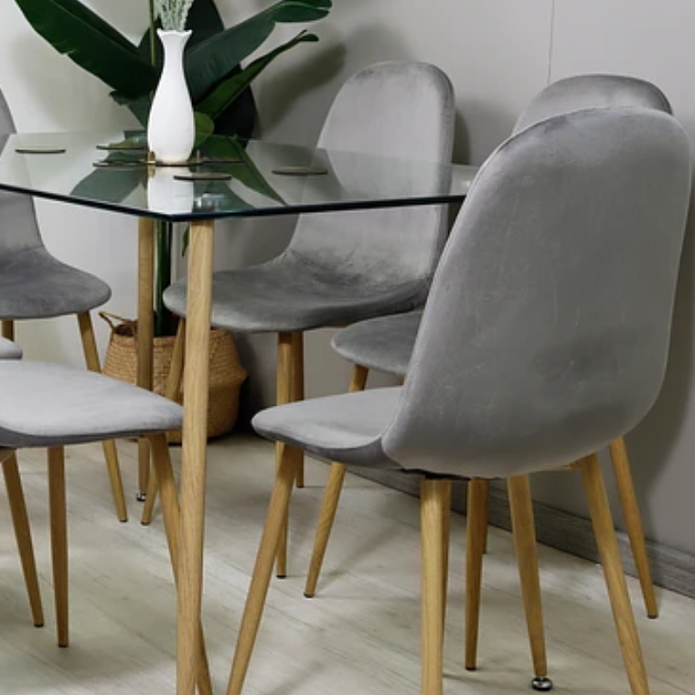 Comedor Nordic rectangular vidrio 130x80 cm con 6 Sillas Spoon terciopelo 3