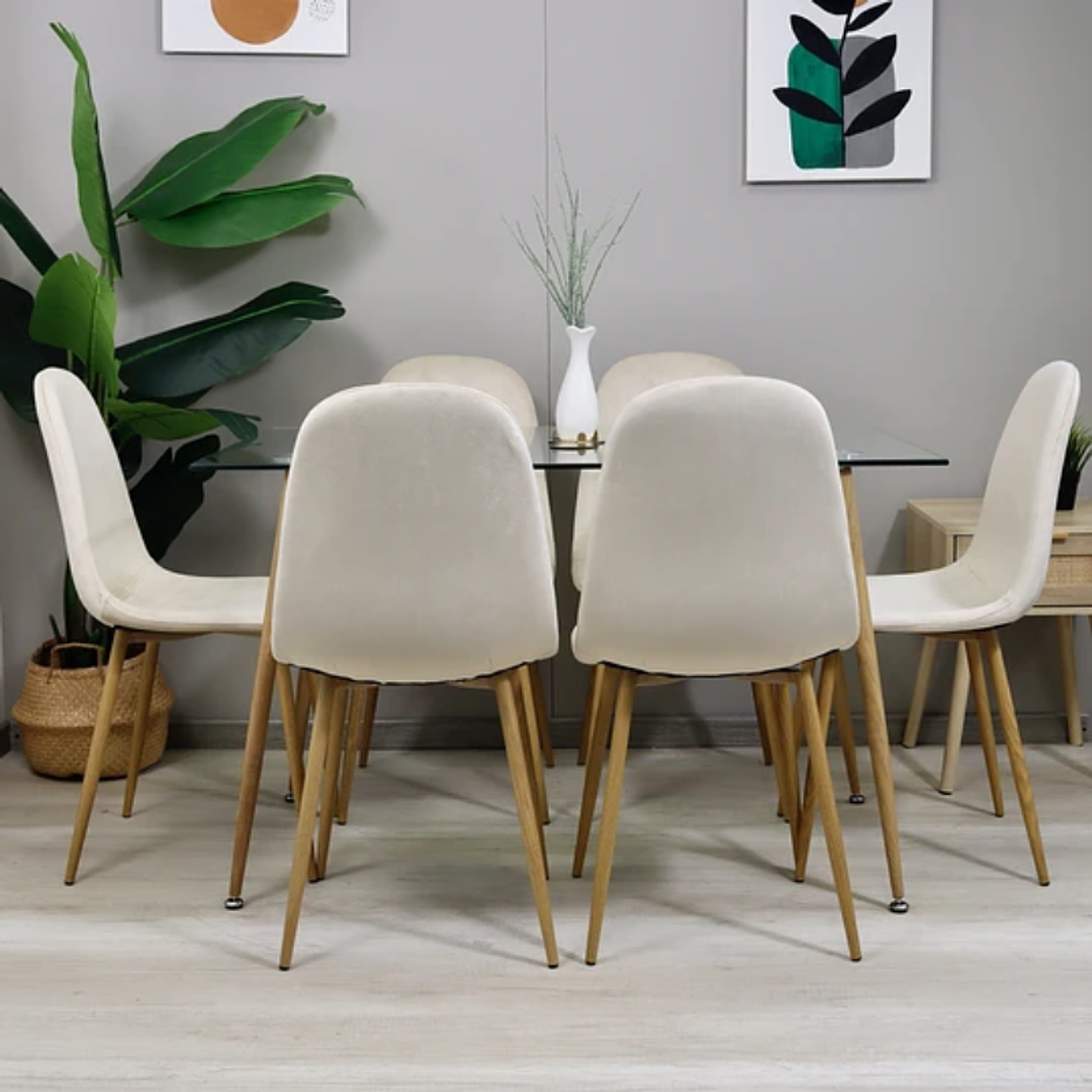Comedor Nordic rectangular vidrio 130x80 cm con 6 Sillas Spoon terciopelo 1