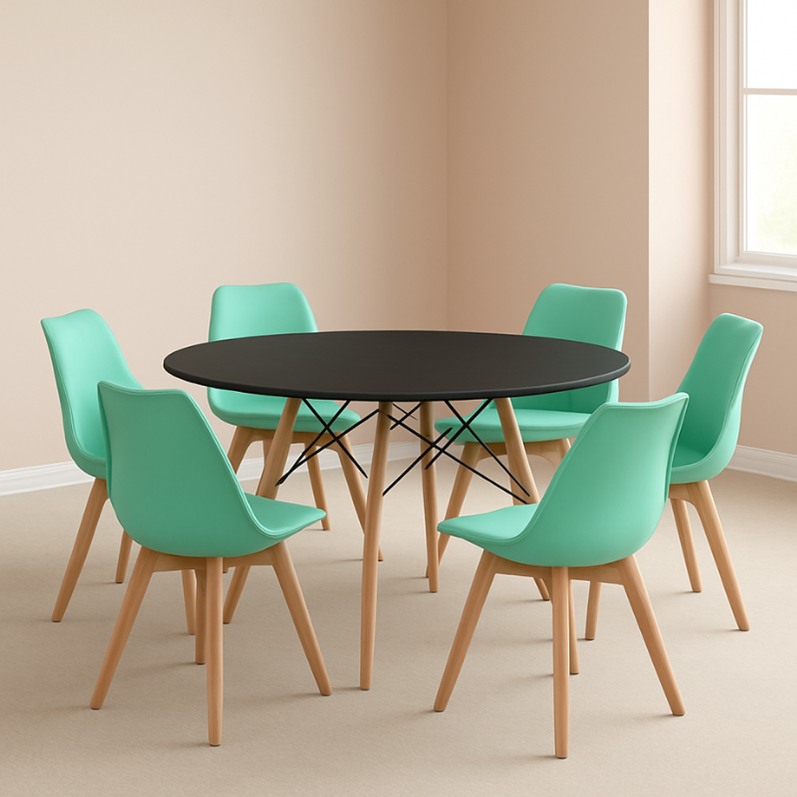 Comedor Denver redondo negro 120 cm con 6 Sillas Tulip 8