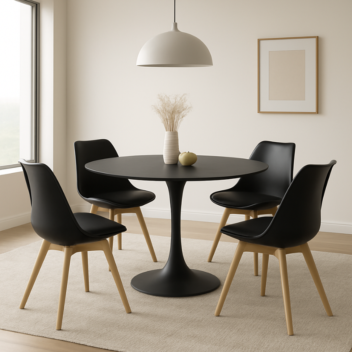 Comedor Ankara redondo negro 100 cm con 4 Sillas Tulip 1
