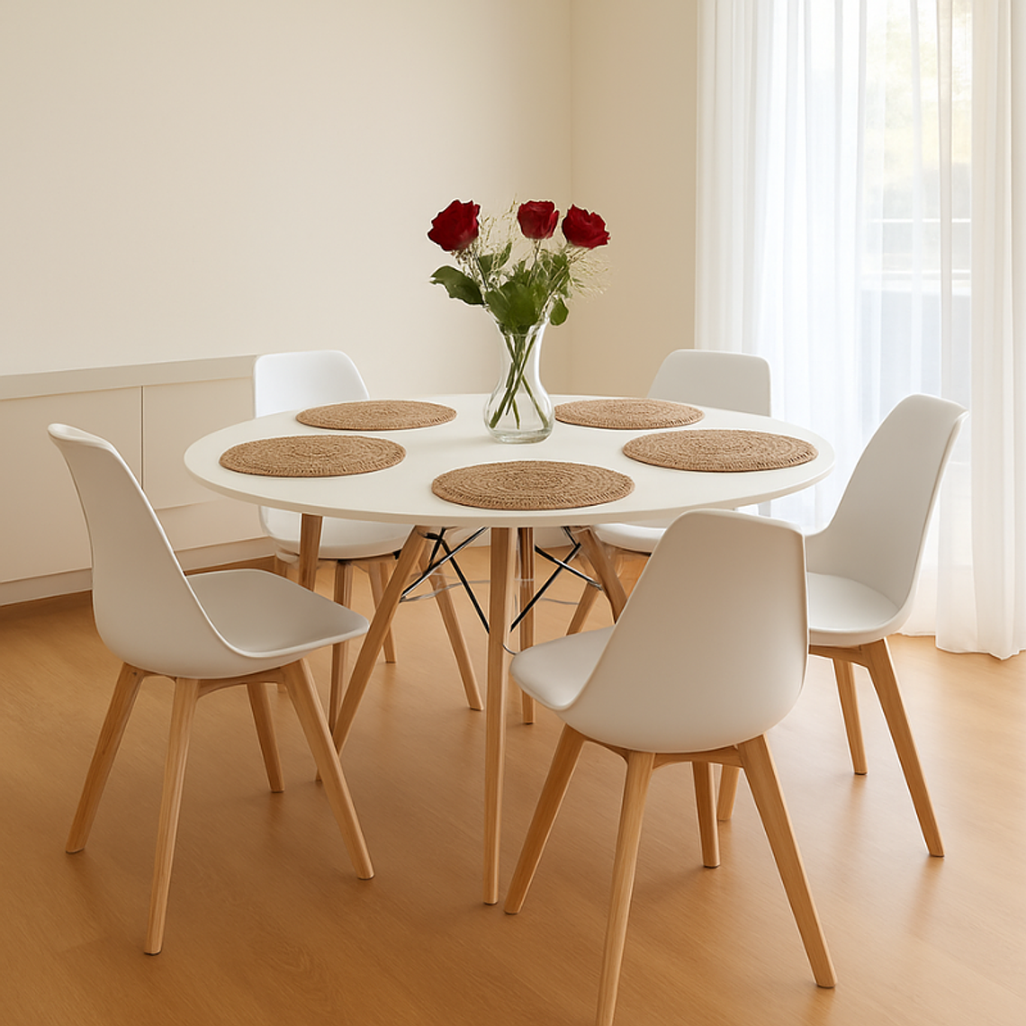 Comedor Denver blanco redondo 100 cm con 4 Sillas Tulip 5