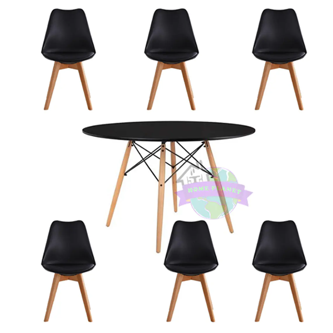Comedor Denver redondo negro 120 cm con 6 Sillas Tulip 3