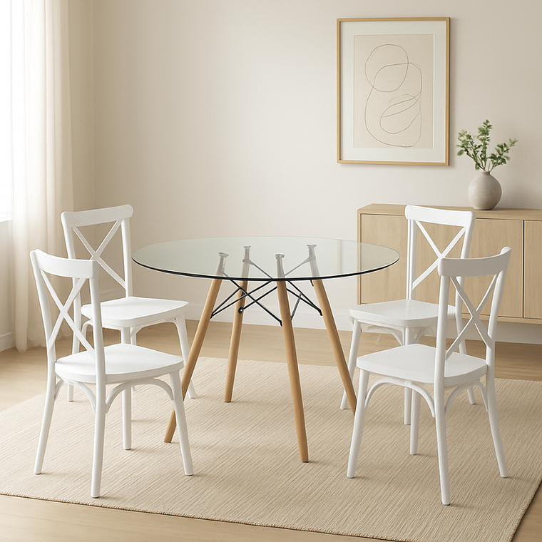 Comedor Turín redondo vidrio 100 cm con 4 Sillas Crossback Danubio  1