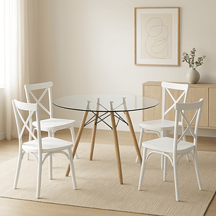 Comedor Turín redondo vidrio 80 cm con 4 Sillas Crossback Danubio